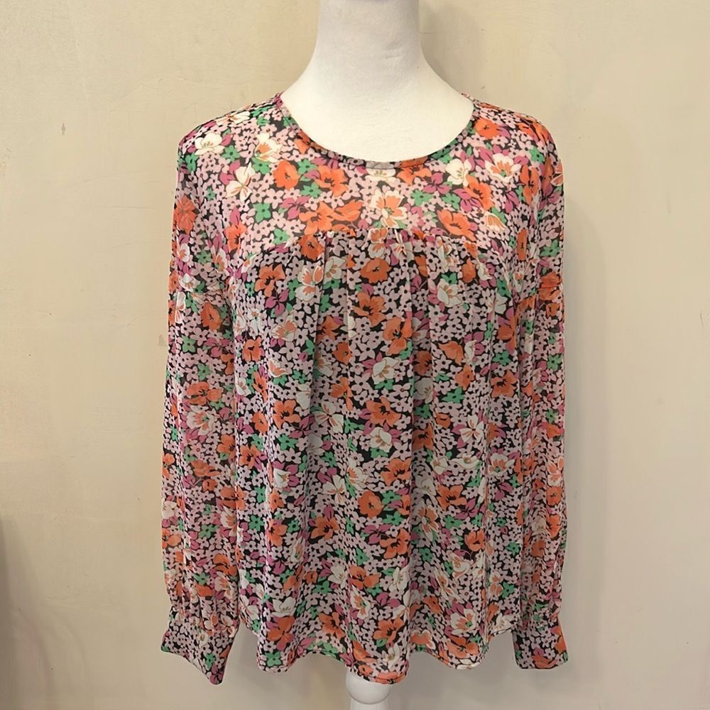 Ann Taylor pink blue orange floral long sheer sleeve blouse Size M EUC